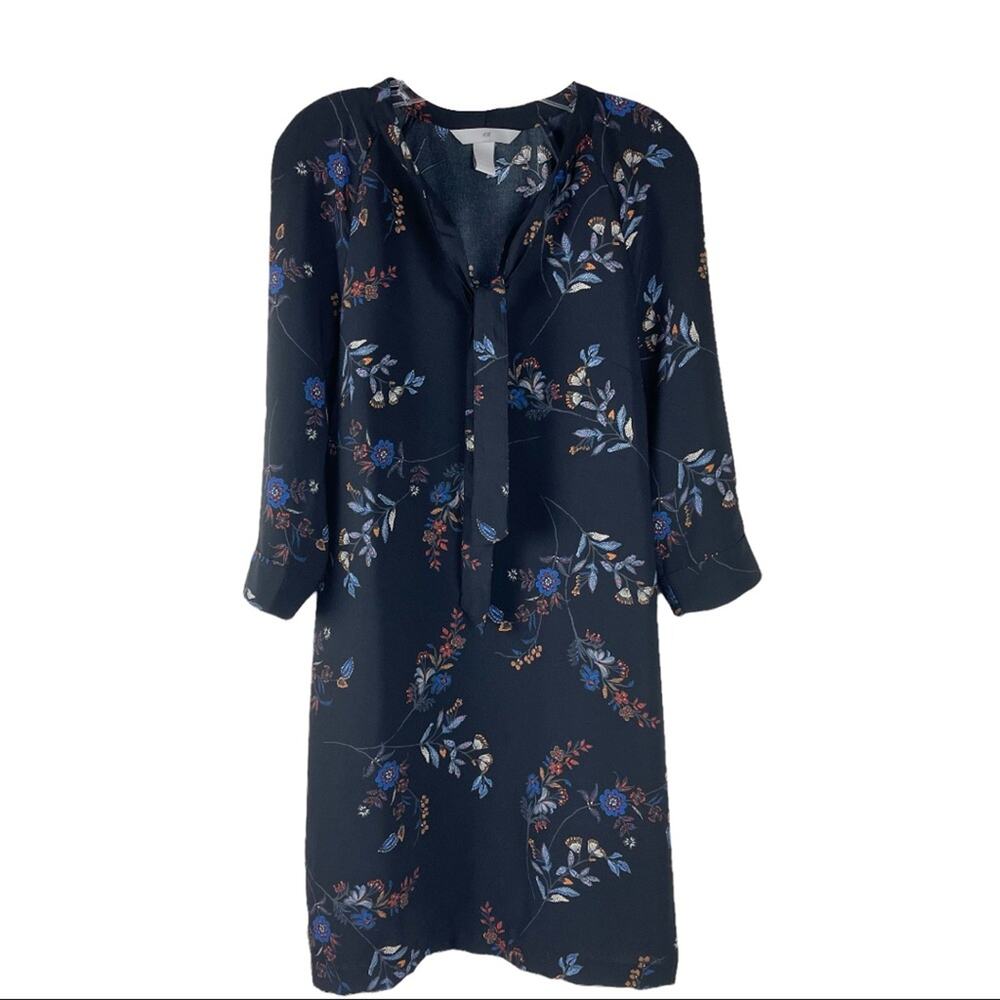 H&M black blue floral tie neck boho floral 3/4 sleeve midi dress 4